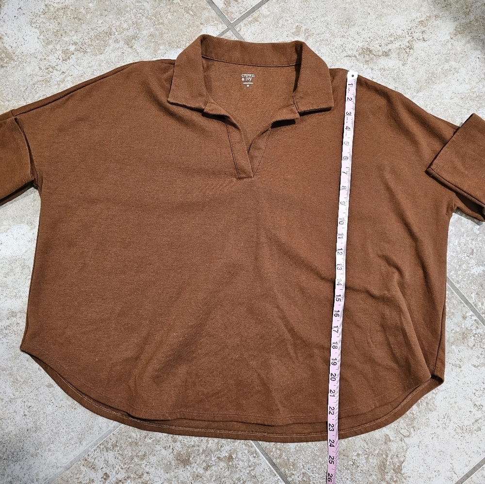 Crown & Ivy Brown V Neck Tunic Shirt Preppy Relaxed Fit Drop Sleeve Size M - Picture 6 of 6